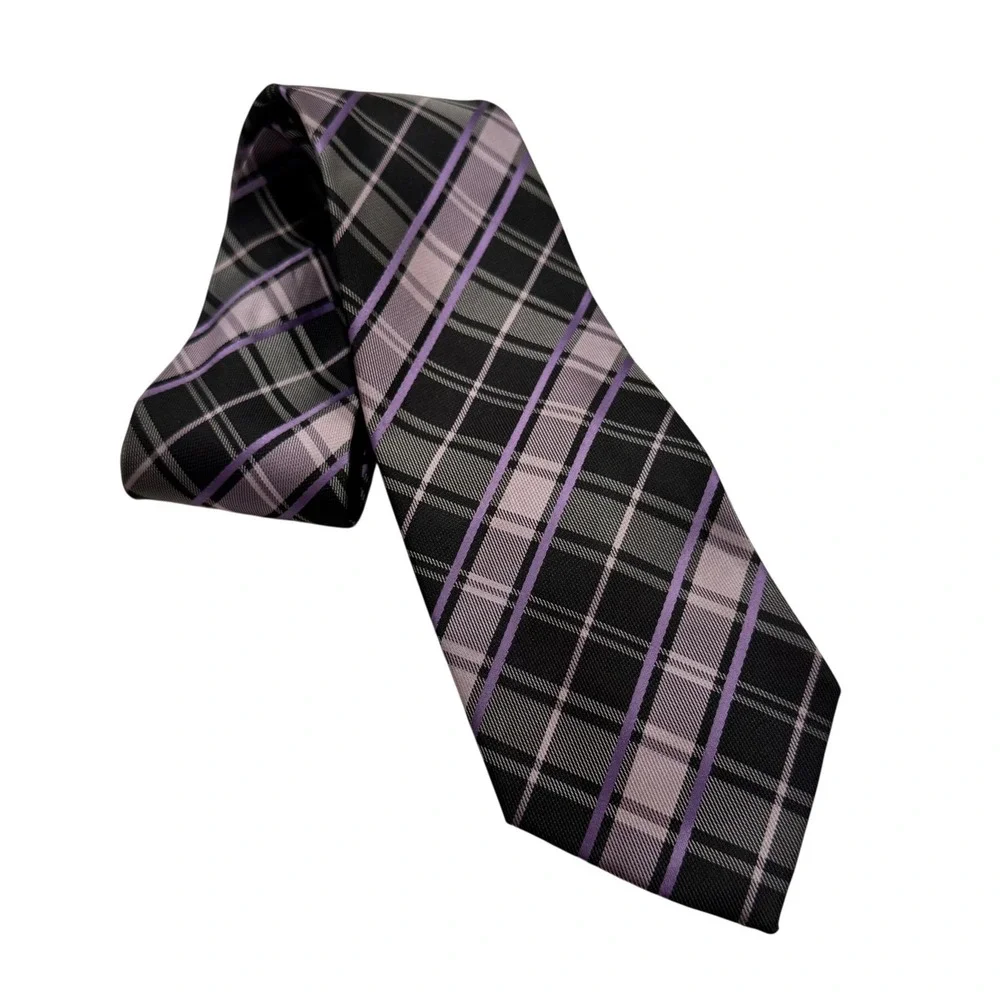 Bergamo New York Mens Plaid Necktie Purple Black Grey Hand Made Polyester Tie